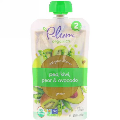 Plum Organics, Stage 2, Eat Your Colors, Green, Pea, Kiwi, Pear & Avocado, 3.5 oz (99 g) (Discontinued Item)