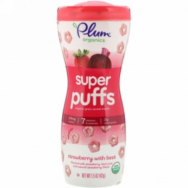 Plum Organics, スーパーパフ、オーガニック穀物シリアルスナック、ビート入りストロベリー、1.5オンス (42 g)
