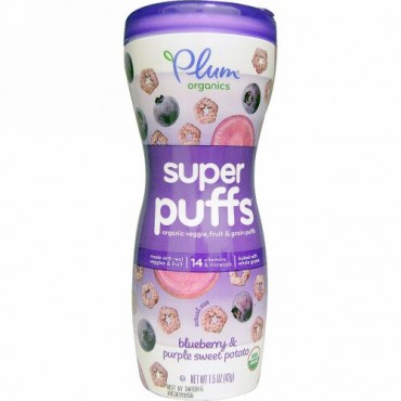 Plum Organics, スーパーパフ（軽く焼き上げた菓子）, 有機野菜, 果物＆穀物パフ, ブルーベリー＆紫サツマイモ, 1.5オンス（42 g）