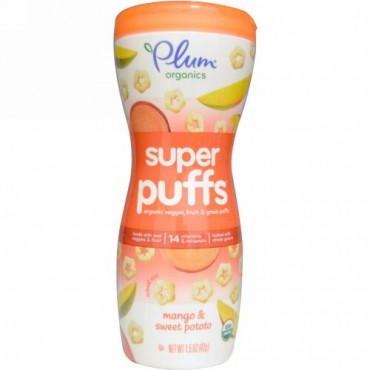 Plum Organics, スーパーパフ（軽く焼き上げた菓子）, 有機野菜, 果物＆穀物パフ, マンゴー＆サツマイモ, 1.5オンス（42 g）