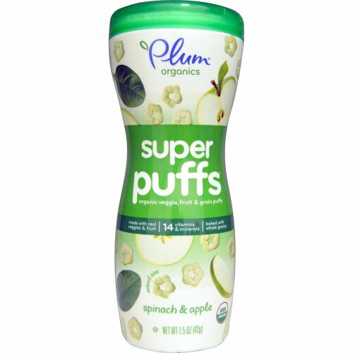 Plum Organics, スーパーパフ（軽く焼き上げた菓子）, 有機野菜, 果物＆穀物パフ, ホウレン草＆リンゴ, 1.5オンス（42 g）
