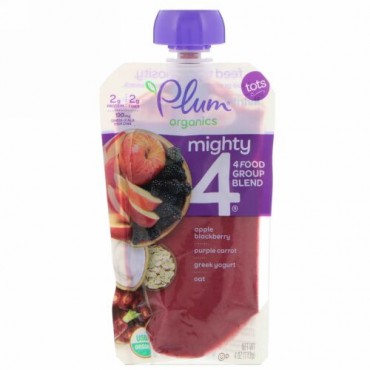 Plum Organics, Tots, Mighty 4, 4 Food Group Blend, Apple, Blackberry, Purple Carrot, Greek Yogurt, Oat, 4 oz (113 g) (Discontinued Item)