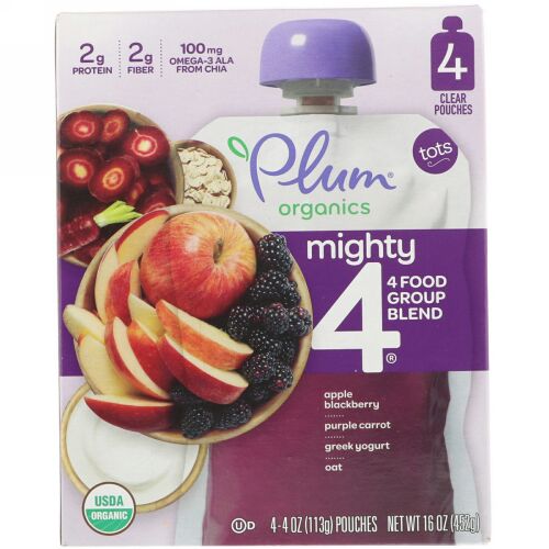 Plum Organics, トッツ、マイティ4、4種類の食物グループの栄養豊かなブレンド、アップル - ブラックベリー、パープルキャロット、ギリシャヨーグルトオーツ、キノア、4パック、各4 oz (113 g) (Discontinued Item)