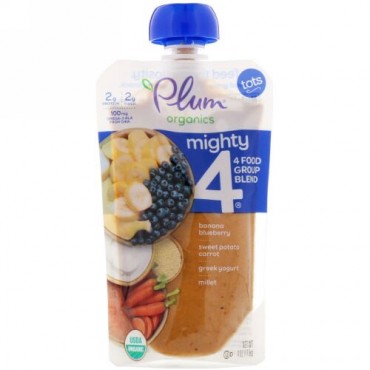 Plum Organics, Tots, Mighty 4, 4 Food Group Blend, Banana, Blueberry, Sweet Potato, Carrot, Greek Yogurt, Millet, 4 oz (113 g) (Discontinued Item)