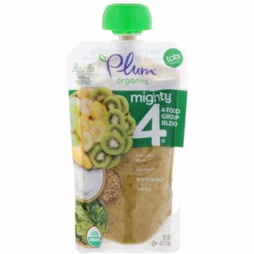 Plum Organics, Tots, Mighty 4, 4 Food Group Blend, Banana, Kiwi, Spinach, Greek Yogurt, Barley, 4 oz (113 g) (Discontinued Item)