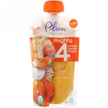 Plum Organics, Tots, Mighty 4, 4 Food Group Blend, Banana, Peach, Pumpkin, Carrot, Greek Yogurt, Oat, 4 oz (113 g) (Discontinued Item)