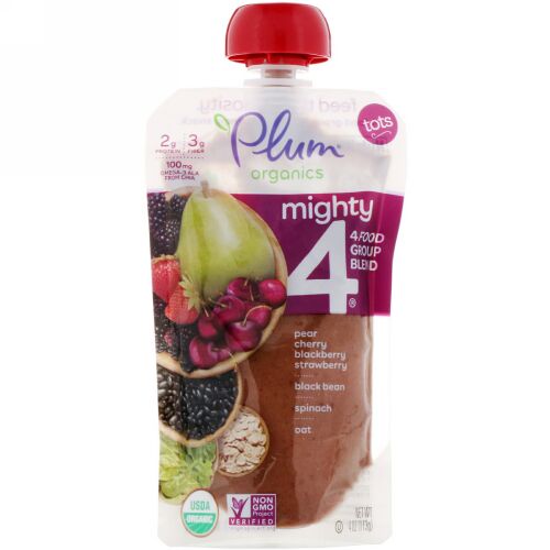 Plum Organics, トッツ、Mighty 4（マイティーフォー）、4つの食品群ブレンド、洋ナシ、チェリー、ブラックベリー、イチゴ、黒豆、ホウレンソウ、オート麦、113g（4オンス） (Discontinued Item)