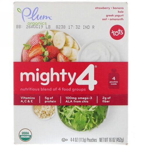 Plum Organics, 幼児用、マイティー4、4つの食品グループのブレンド、ストロベリー - バナナ、ケール、ギリシャヨーグルトオーツ、アマランサス、4ポーチ、各4オンス (113 g) (Discontinued Item)