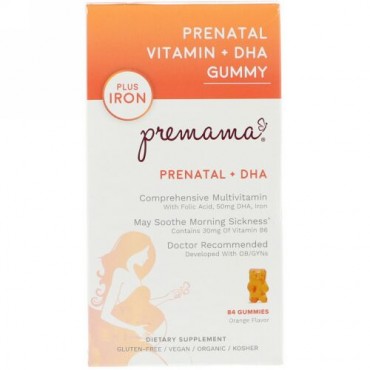 Premama, 妊婦用ビタミン + DHAグミ、プラス鉄分、オレンジ、グミ84粒 (Discontinued Item)