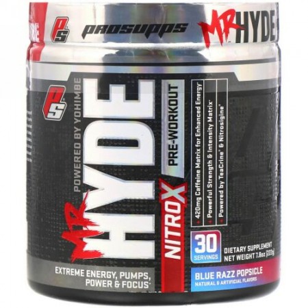 ProSupps, Mr.Hyde（ミスターハイド）、ニトロX、プレワークアウト、ブルーラズポプシクル、222g（7.8oz）