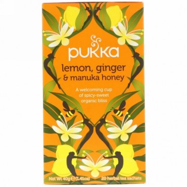 Pukka Herbs, Lemon Ginger & Munka Honey Tea, 20 Herbal Tea Sachets, 0.07 oz (2 g) Each