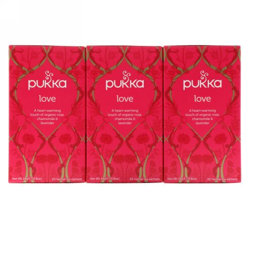 Pukka Herbs, ラブ、オーガニックローズ、カモミール & ラベンダーティー、カフェインフリー、3パック、各20ハーブティーバッグ (Discontinued Item)