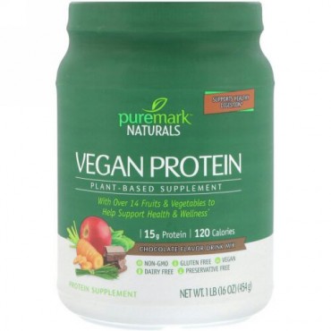PureMark Naturals, ビーガンプロテイン、植物性サプリ、チョコレート味ドリンクミックス、16 oz (454 g) (Discontinued Item)
