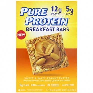 Pure Protein, ブレックファーストバー、スイート & ソルティーピーナッツバター、4本、各1.76オンス (50 g) (Discontinued Item)