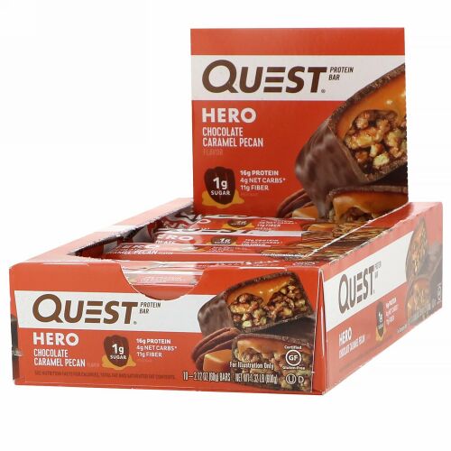 Quest Nutrition, ヒーロープロテインバー、チョコレートキャラメルピーカン、10本、各60g（2.12オンス）