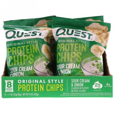 Quest Nutrition, オリジナルスタイルプロテインチップス、サワークリーム & オニオン、8パック、各1.1オンス (32 g) (Discontinued Item)