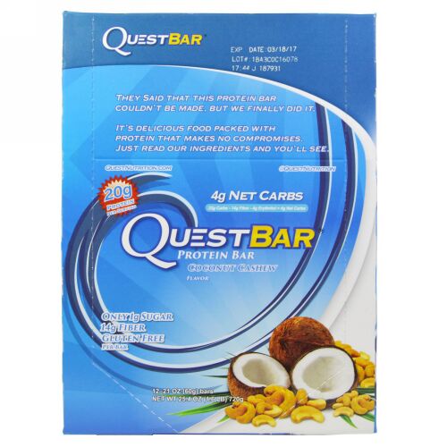 Quest Nutrition, QuestBar, Protein Bar, Coconut Cashew, 12 Bars, 2.1 oz (60 g) Each (Discontinued Item)