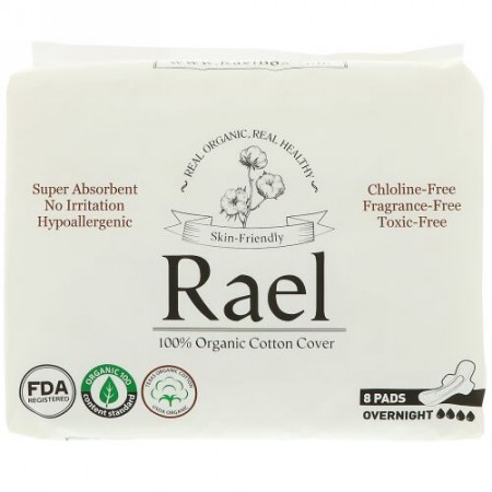 Rael, オーガニック薄型パッド、夜用、8枚 (Discontinued Item)