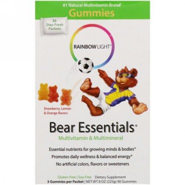 Rainbow Light, Gummy Bear Essentials、マルチビタミン  &マルチミネラル、イチゴ、オレンジ& レモン味、 30 パック、各グミ3個入り