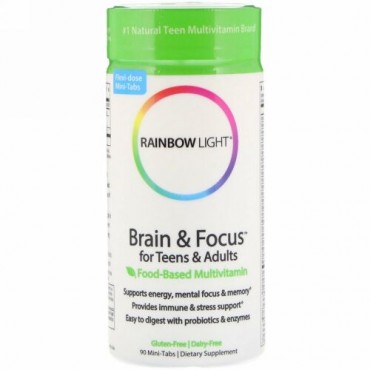 Rainbow Light, Brain & Focus（ブレイン・フォーカス）中学生から大人向け、食品ベースのマルチビタミン、ミニタブレット90粒