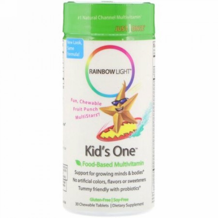 Rainbow Light, Kids One、MultiStars、植物性マルチビタミン、フルーツパンチ、チュアブル・タブレット、30錠