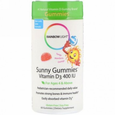 Rainbow Light, Sunny Gummies, Vitamin D3, For Ages 4 & Above, Tangy Mandarin Orange, 400 IU, 60 Gummies