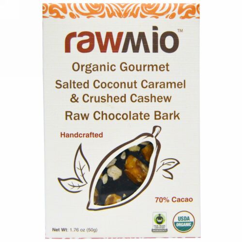 Rawmio, オーガニックグルメソルテッドココナッツキャラメル & クラッシュカシューナッツ ローチョコレートバーク、 1.76 oz (50 g) (Discontinued Item)