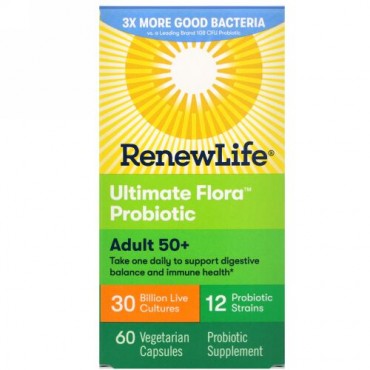 Renew Life, Adult 50+ Ultimate Flora Probiotic, 30 Billion Live Cultures, 60 Vegetarian Capsules (Discontinued Item)