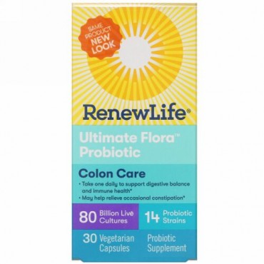 Renew Life, コロンケア、究極のフローラプロバイオティクス、800億の生きた培養菌、30粒の植物性カプセル
