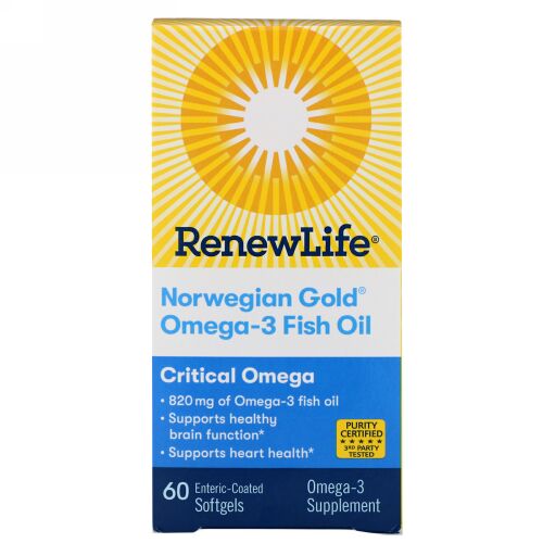 Renew Life, クリティカルオメガ、超濃縮、天然オレンジ風味、腸溶性ソフトジェル60粒