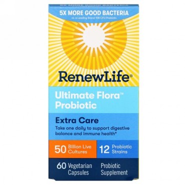 Renew Life, エキストラケア、Ultimate Flora（アルティメットフローラ）プロバイオティクス、500億の生きた培養菌、ベジカプセル60粒