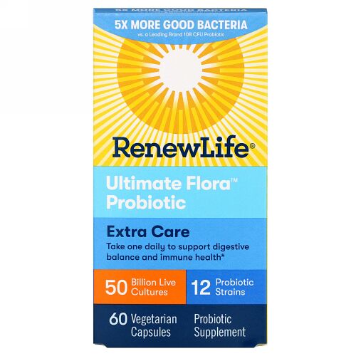 Renew Life, エキストラケア、Ultimate Flora（アルティメットフローラ）プロバイオティクス、500億の生きた培養菌、ベジカプセル60粒