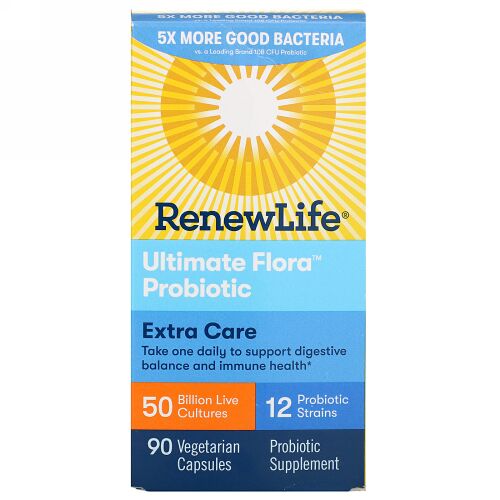 Renew Life, エキストラケア、Ultimate Flora（アルティメットフローラ）プロバイオティクス、500億の生きた培養菌、ベジカプセル90粒