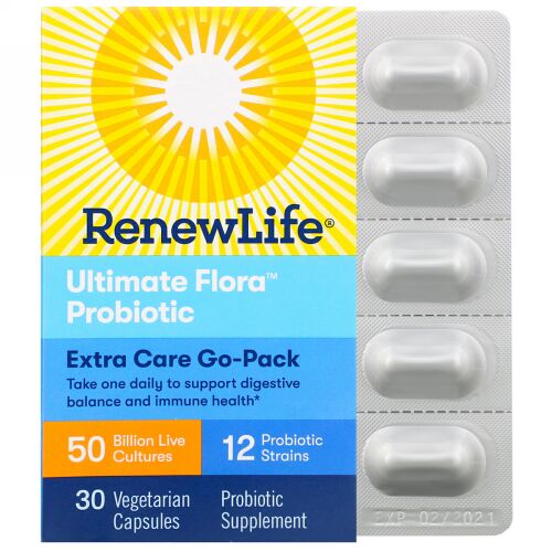 Renew Life, エキストラケアゴーパック、Ultimate Flora（アルティメットフローラ）プロバイオティクス、500億の生きた培養菌、ベジカプセル30粒