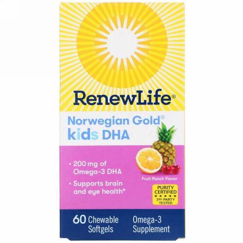 Renew Life, Norwegian Gold, Kids DHA, Fruit Punch Flavor, 200 mg, 60 Chewable Softgels