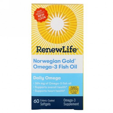 Renew Life, Norwegian Gold（ノルウェイジャンゴールド）オメガ3フィッシュオイル、デイリーオメガ、腸溶性コーティングソフトジェル60粒 (Discontinued Item)