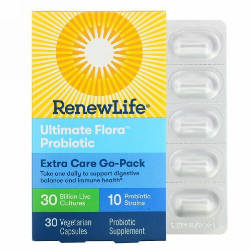 Renew Life, エキストラケアゴーパック、Ultimate Flora（アルティメットフローラ）プロバイオティクス、300億の生きた培養菌、ベジカプセル30粒