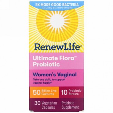 Renew Life, Ultimate Flora（アルティメットフローラ）プロバイオティクス、女性の膣に、500億の活性培養菌、ベジカプセル30粒