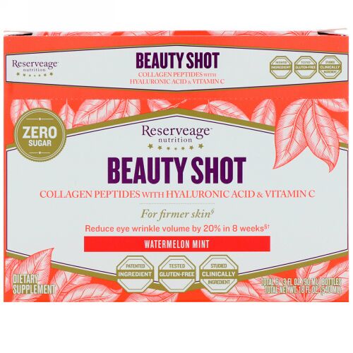 ReserveAge Nutrition, ビューティーショット、ヒアルロン酸&ビタミンC配合コラーゲンペプチド、ウォーターメロンミント、ボトル6本、各3 fl oz (90 ml) (Discontinued Item)