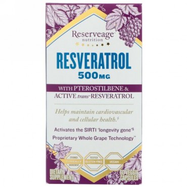 ReserveAge Nutrition, プテロスチルベンと活性トランスレスベラトロール配合レスベラトロール、500 mg、植物性60ベジカプセル (Discontinued Item)