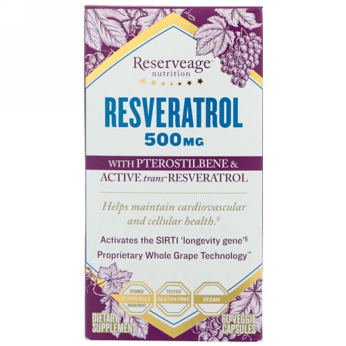 ReserveAge Nutrition, プテロスチルベンと活性トランスレスベラトロール配合レスベラトロール、500 mg、植物性60ベジカプセル (Discontinued Item)