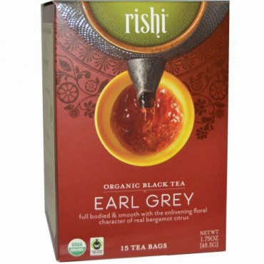 Rishi Tea, オーガニック ブラックティー、アールグレー、15ティーバッグ 1.75 oz (49.5 g)