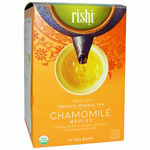 Rishi Tea, オーガニック ハーブティー、カモミール メドレー、カフェインレス、15ティーバッグ、1.22 oz (34.5 g)