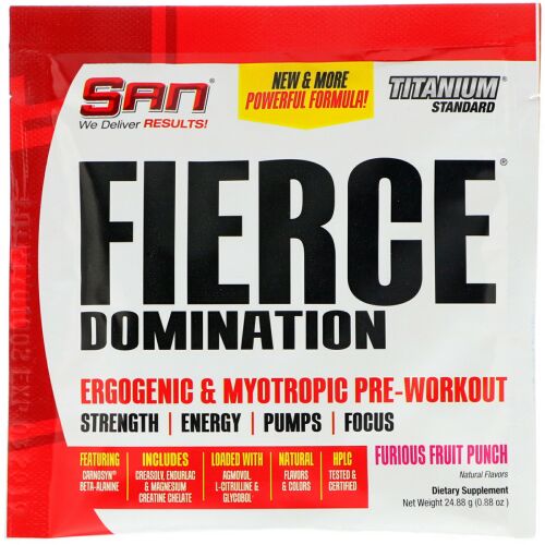 SAN Nutrition, フィアスドミネーション、強壮・筋肉同化プレワークアウト、フュリアスフルーツポンチ0.88 oz (24.88 g) (Discontinued Item)