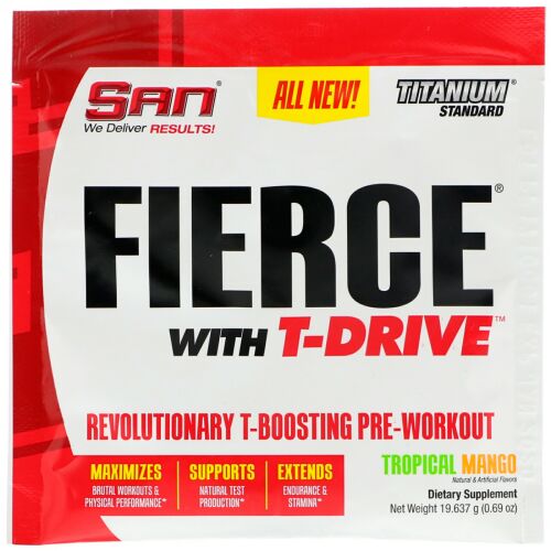 SAN Nutrition, フィアス・ウィズTドライブ（Fierce With T-Drive）、革新的なテスタステロン増強プレワークアウト、トロピカルマンゴー、0.69 oz (19.637 g) (Discontinued Item)