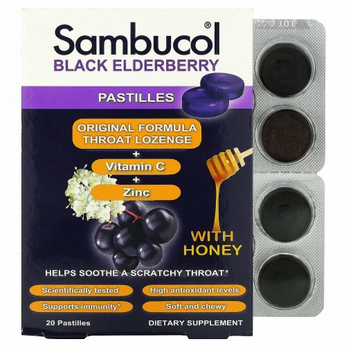 Sambucol, ハチミツ入りブラックエルダーベリーパスティール、トローチ20粒
