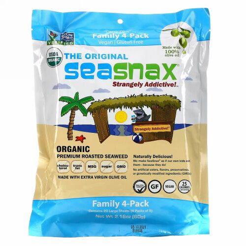 SeaSnax, "Classic" Olive, Roasted Seaweed Snack, Four Pack, 5 sheets (.54 oz) Each