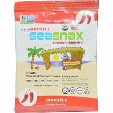 SeaSnax, Spicy Chipotle, Roasted Seaweed Snack, 5 sheets - .54 oz (15 g) (Discontinued Item)