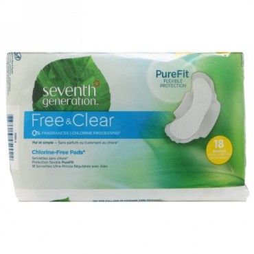 Seventh Generation, フリー＆クリア、ウイング付超薄型ナプキン、レギュラー、18枚 (Discontinued Item)