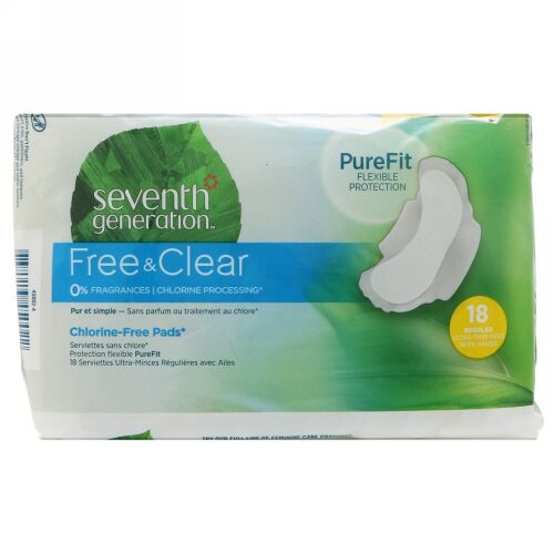 Seventh Generation, フリー＆クリア、ウイング付超薄型ナプキン、レギュラー、18枚 (Discontinued Item)